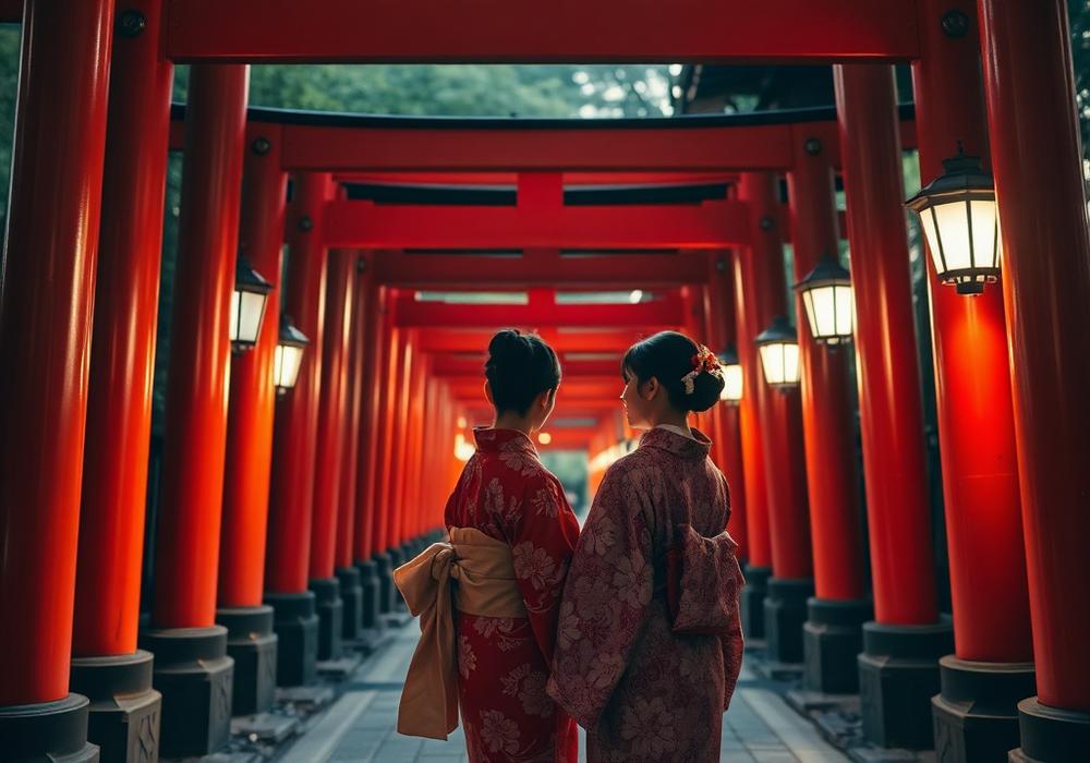 Couple in kimono under torii gates